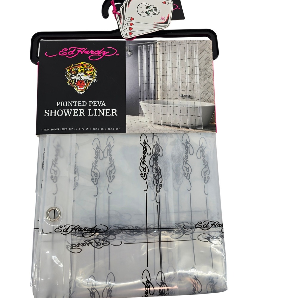 Ed Hardy Printed PEVA Shower Liner Clear Black Logo Tattoo Art 72x72 NEW